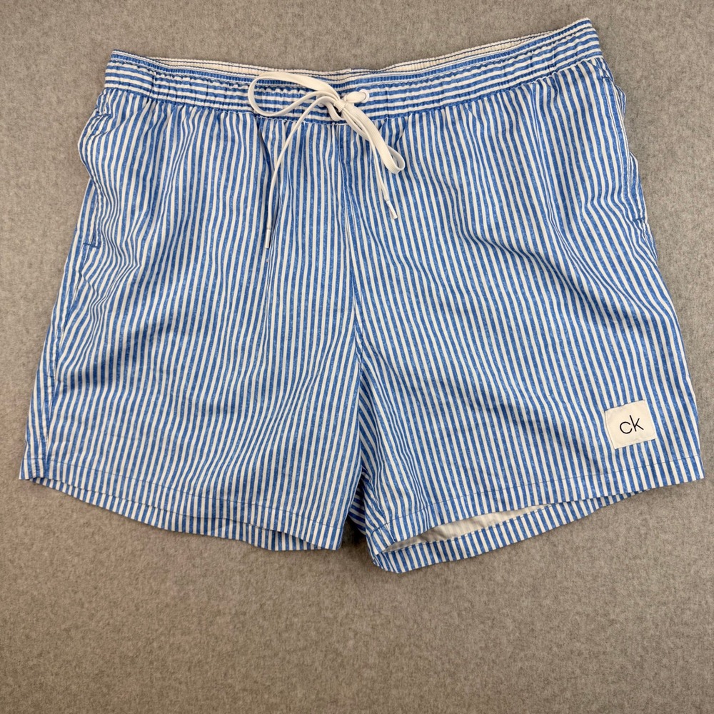Calvin Klein Mens Blue White Striped Swim Trunks XL Mesh Lined Board Shorts